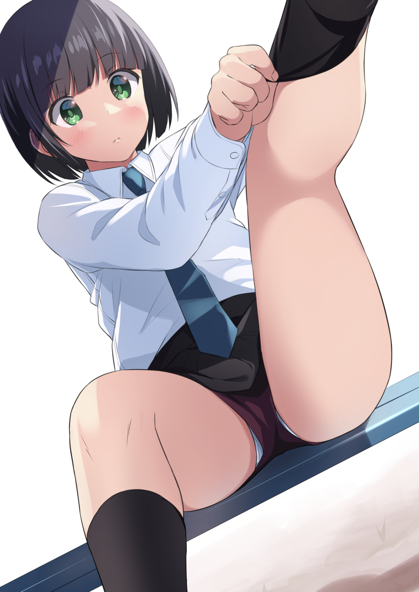 1girl :/ bike_shorts bike_shorts_under_skirt black_hair black_shorts black_skirt black_socks blue_necktie blunt_bangs blush bob_cut buruma collared_shirt commission dressing green_eyes highres kani_miso kneehighs leg_up light_blush long_sleeves miniskirt necktie on_bench original panties panties_under_bike_shorts panties_under_buruma panties_under_shorts panty_peek pantyshot pixiv_commission pleated_skirt school_uniform shirt short_hair shorts shorts_under_skirt simple_background sitting skirt socks solo thighs underwear upskirt white_background white_panties white_shirt