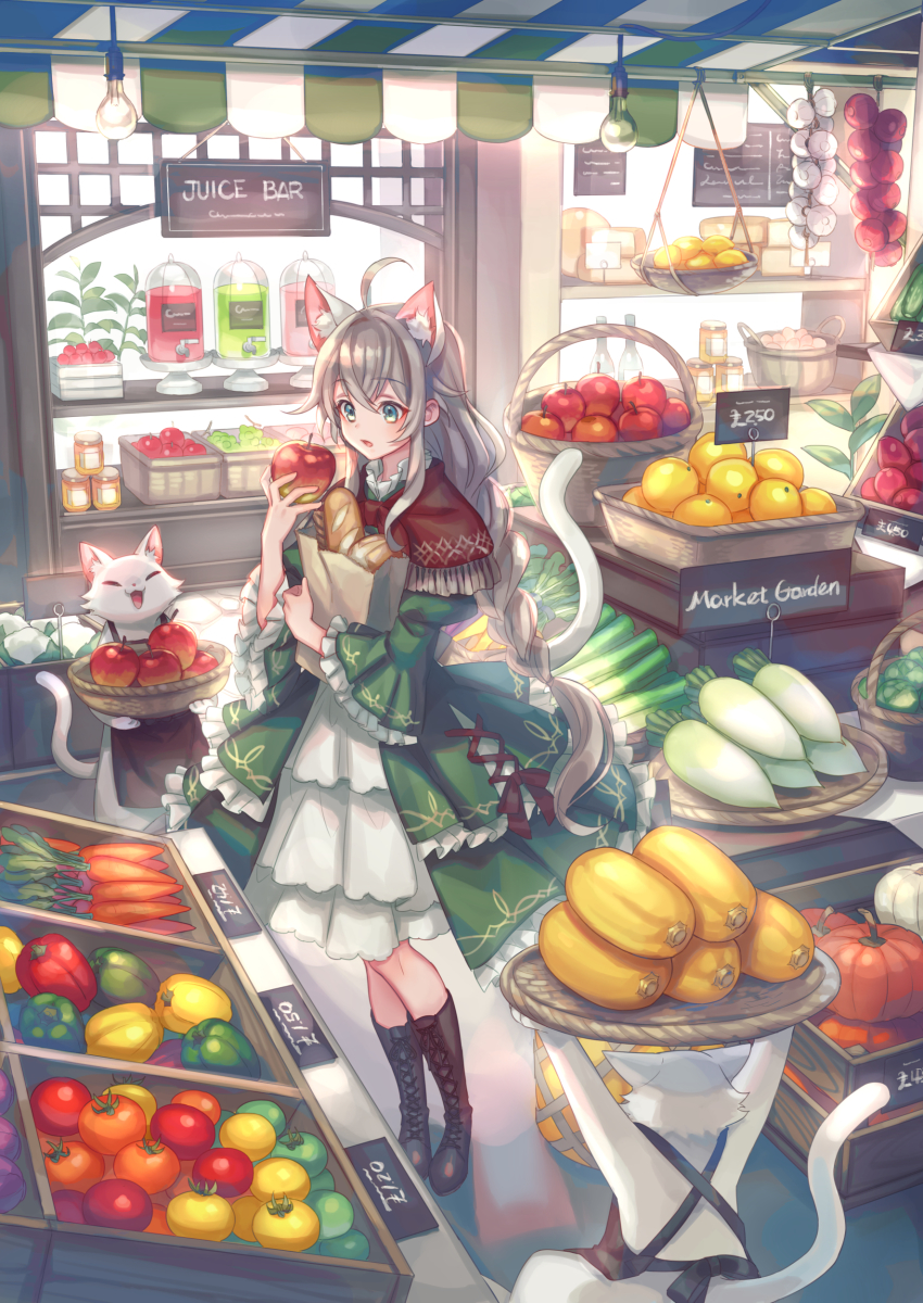1girl 2others absurdly_detailed_composition absurdres ahoge animal_ear_fluff animal_ears apple apron awning bag basket bell_pepper blue_eyes boots braid bread brown_footwear bubble_skirt cabbage capelet cat cat_ears cat_girl cat_tail commentary_request crate dress fantasy food frilled_shirt_collar frilled_sleeves frills fruit full_body green_bell_pepper green_dress hair_between_eyes hanging_food highres holding holding_bag holding_food holding_fruit juice knee_boots lace-up_boots lamp lemon loaded_interior long_hair long_sleeves market market_stall multiple_others open_mouth original paper_bag puffy_long_sleeves puffy_sleeves pumpkin radish red_capelet red_pepper shopping sidelocks silver_hair skirt spring_onion standing suzaku_(zaku6584) tail tomato twin_braids vegetable wide_sleeves yellow_pepper