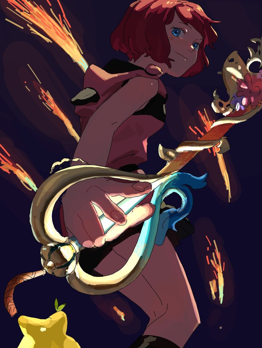 1girl blue_eyes dress fingernails glowing highres hood hooded_dress kairi_(kingdom_hearts) keyblade kingdom_hearts lalalalife15 light_blush light_smile looking_at_viewer paopu_fruit pink_dress red_hair short_hair sleeveless smile solo
