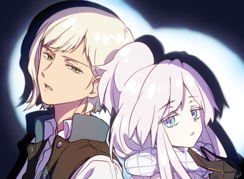 1boy 1girl back-to-back blonde_hair blue_eyes colored_eyelashes commentary_request dark-skinned_male dark_skin deux_murasame freckles gates_capa green_eyes gundam gundam_gquuuuuux hair_bun half_updo highres kuroi_mimei long_hair looking_at_viewer mask open_mouth pale_skin parody scarf scene_reference shirt short_hair spotlight unworn_mask white_eyelashes white_hair