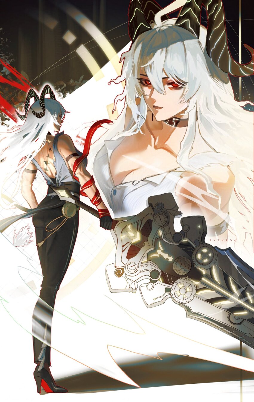 1girl arm_strap artist_name back bare_shoulders black_choker black_gloves black_horns black_pants black_shoes breasts choker cleavage closed_mouth collarbone commentary curled_horns gloves greatsword hair_between_eyes hashtag-only_commentary high_heels highres holding holding_sword holding_weapon horns large_breasts long_hair looking_at_viewer median_furrow mole mole_on_breast multiple_views necktie necktie_around_wrists pants red_eyes red_necktie rythron4 scar shirt shoes solo sword tacet_mark_(wuthering_waves) torn_clothes torn_shirt weapon white_hair white_shirt wuthering_waves zani_(wuthering_waves)