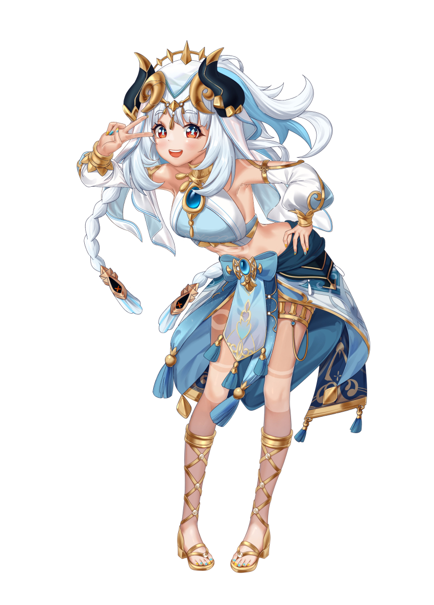 1girl :d absurdres alternate_costume aqua_nails blue_gemstone blush braid comiket_105 commentary_request cosplay crop_top fake_horns fingernails full_body gem genshin_impact gold_trim hand_on_own_hip hand_up highres horns jewelry leaning long_hair long_sleeves looking_at_viewer mualani_(genshin_impact) nail_polish nilou_(genshin_impact) nilou_(genshin_impact)_(cosplay) open_mouth pou_bao puffy_long_sleeves puffy_sleeves red_eyes simple_background skirt smile solo stomach symbol-shaped_pupils tan tanline teeth thighlet toenail_polish toenails upper_teeth_only v veil very_long_hair white_background white_hair white_skirt white_veil