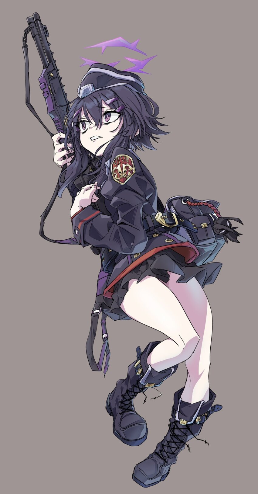 1girl belt black_belt black_boots black_hat black_jacket black_skirt blue_archive boots commentary dutch_angle eyelashes frown full_body furrowed_brow garrison_cap grey_background gun hair_between_eyes hair_ornament hairclip halo hands_up haruka_(blue_archive) hat highres holding holding_gun holding_weapon jacket jitaso juliet_sleeves lace-up_boots long_sleeves looking_to_the_side miniskirt parallel_hairclips parted_lips pleated_skirt puffy_sleeves purple_eyes purple_hair purple_halo purple_pupils short_hair_with_long_locks simple_background skirt solo standing stuffed_animal stuffed_rabbit stuffed_toy thighs tsurime weapon