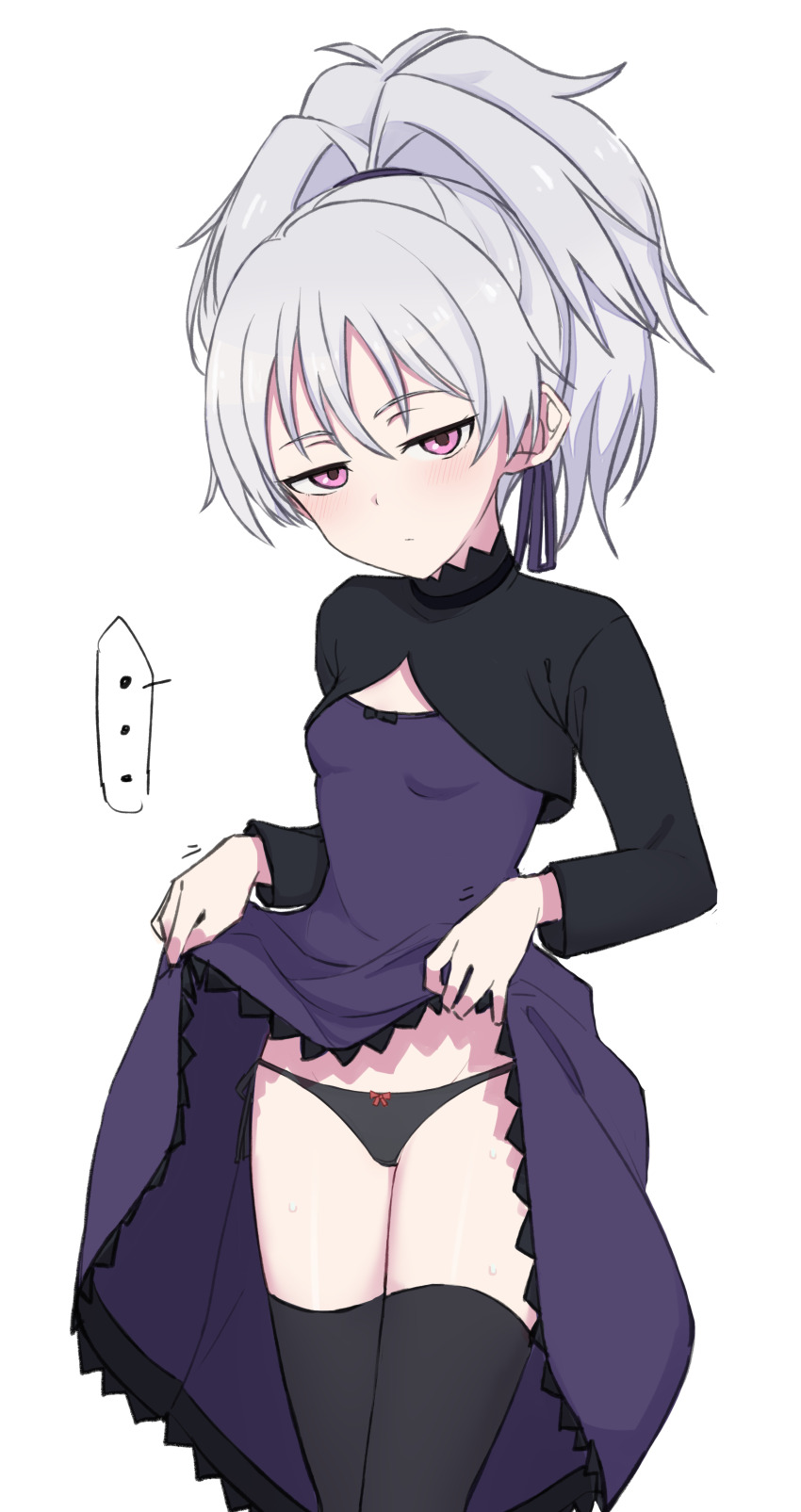 ... 1girl absurdres black_panties black_thighhighs bow bow_panties breasts closed_mouth clothes_lift commentary_request darker_than_black dress dress_lift grey_hair half-closed_eyes high_ponytail highres lifting_own_clothes long_sleeves looking_at_viewer motion_lines nonono_mino panties pink_eyes ponytail purple_dress shrug_(clothing) simple_background small_breasts solo spoken_ellipsis standing thighhighs underwear white_background yin_(darker_than_black)