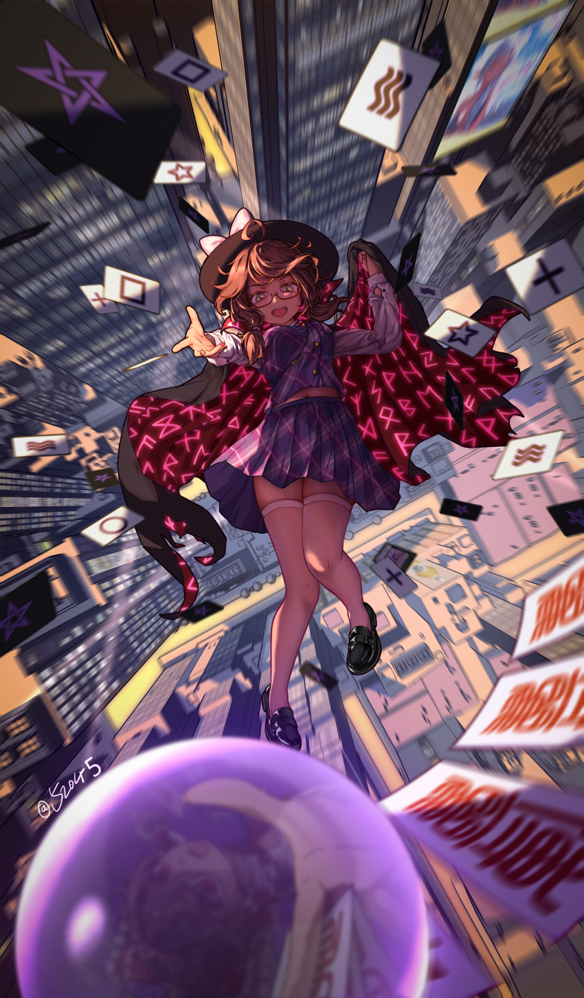 2girls 2violetdetector :d absurdres artist_name black_cape black_footwear black_hat bow brown_eyes brown_hair building cape card card_throwing city commentary_request falling from_above full_body glasses hakurei_reimu hat hat_bow highres loafers long_hair long_sleeves looking_at_viewer multiple_girls navel occult_ball open_mouth outdoors plaid_clothes plaid_skirt plaid_vest purple_skirt purple_vest red-framed_eyewear red_cape reflection runes semi-rimless_eyewear shirt shoes skirt skyscraper smile thighhighs touhou two-sided_cape two-sided_fabric under-rim_eyewear usami_sumireko vest white_bow white_shirt white_thighhighs