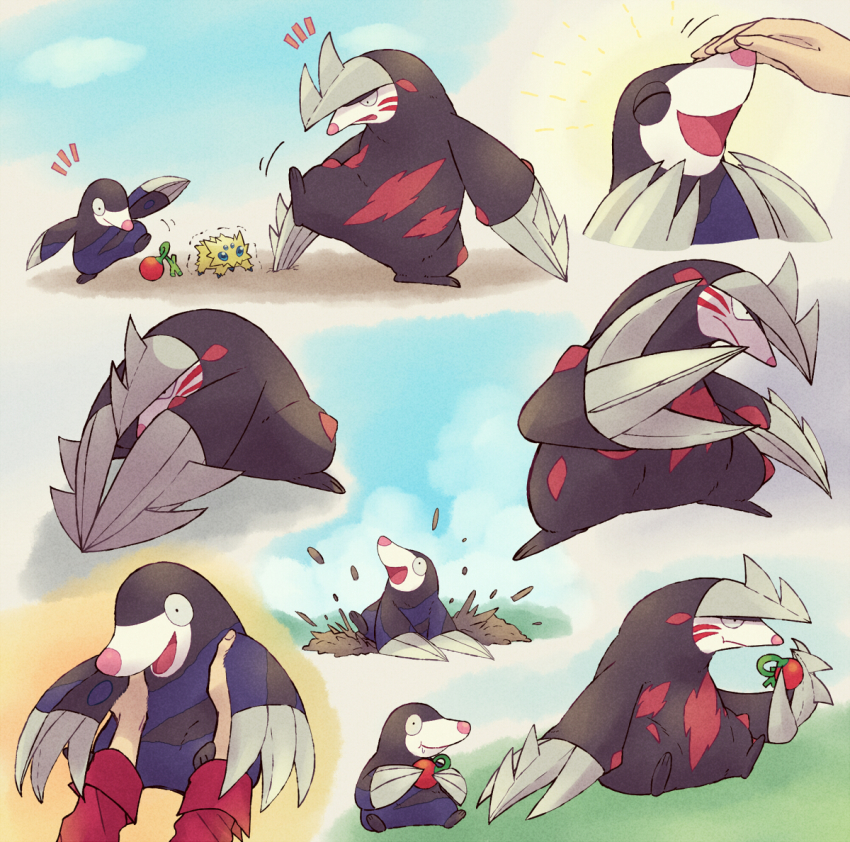 berry_(pokemon) cheri_berry creature drilbur excadrill food fruit gen_5_pokemon holding holding_food holding_fruit holding_pokemon joltik nintendo pokemon pokemon_(creature) shiwo_(siwosi)