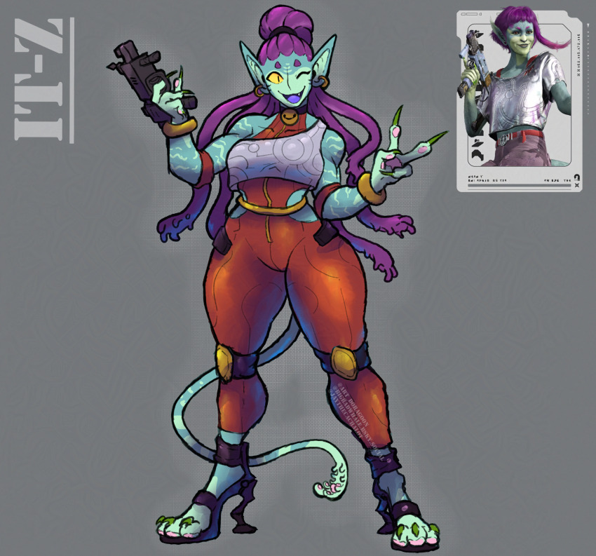 1girl :d absurdres alien artist_name bodysuit character_name claws clothing_cutout colored_sclera colored_skin commentary concord_(game) earrings english_commentary green_skin grey_background gun high_heels highres holding holding_gun holding_weapon it-z_(concord) jewelry long_hair monster_girl open_mouth orange_bodysuit pekyking purple_hair redesign reference_inset side_cutout smile standing tail v watermark weapon yellow_sclera