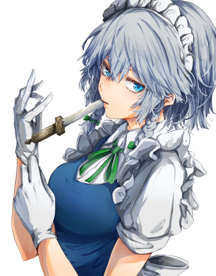 1girl absurdres blue_eyes bow braid breasts commentary gloves green_bow green_ribbon grey_hair hair_bow highres izayoi_sakuya knife large_breasts long_hair looking_at_viewer maid maid_headdress mouth_hold neck_ribbon nuru_himmel ribbon short_sleeves simple_background solo touhou twin_braids white_background white_gloves