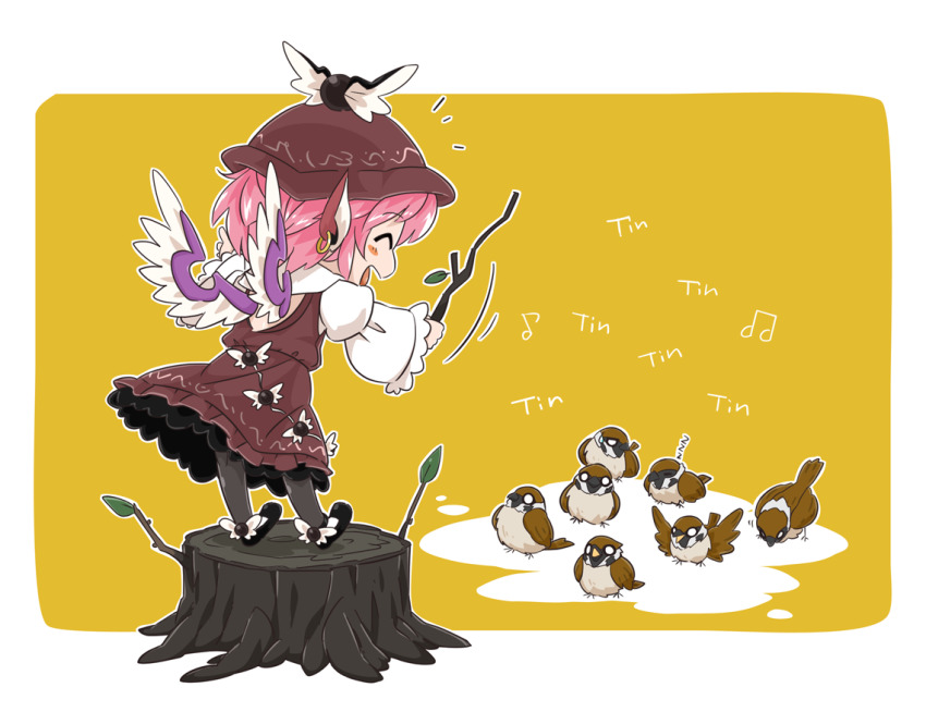 1girl animal animal_ears bird bird_ears bird_wings black_shoes black_thighhighs blush branch brown_dress brown_hat byourou closed_eyes dress earrings frilled_sleeves frills hat holding holding_branch jewelry long_sleeves mystia_lorelei open_mouth pink_hair shoes short_hair single_earring smile solo sparrow thighhighs touhou white_wings wide_sleeves winged_footwear winged_hat wings