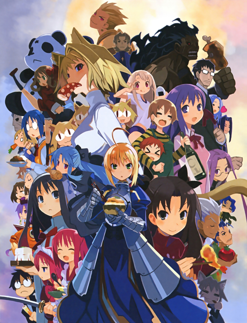 &gt;_&lt; 00s 6+boys 6+girls :&lt; :3 :d :q =_= absurdres ahoge alcohol animal_ears apron archer_(fate) arcueid_brunestud arima_miyako arm_up armor armored_dress artoria_pendragon_(fate) black_dress black_hair blonde_hair blue_dress blue_eyes blue_hair blush blush_stickers boned_meat bottle bow bowl breastplate brother_and_sister brown_hair buruma capelet carrot cat_ears cat_tail character_request chopsticks ciel_(tsukihime) closed_eyes company_connection cross cu_chulainn_(fate) cu_chulainn_(fate/stay_night) curry cutoffs dark-skinned_male dark_skin denim denim_shorts dress earrings emiya_shirou everyone fang fate/stay_night fate_(series) faulds fish food fox_ears fujimura_taiga garrison_cap gauntlets gilgamesh_(fate) glasses green_eyes gym_uniform hair_bow hair_ribbon hairband harada_takehito hat headlock heart heracles_(fate) highres hisui_(tsukihime) illyasviel_von_einzbern jewelry katana kicking kneehighs kohaku_(tsukihime) kotomine_kirei kuzuki_souichirou leg_lift len_(tsukihime) long_hair maid_headdress mascot master_panda matou_sakura matou_shinji matou_zouken meat medea_(caster)_(fate) medea_(fate) medusa_(fate) medusa_(rider)_(fate) melty_blood mouth_hold multiple_boys multiple_girls nanako nanako_(tsukihime) neco-arc neco-arc_chaos onigiri opaque_glasses open_mouth panda popsicle puffy_sleeves purple_buruma purple_eyes purple_hair red_eyes red_hair ribbon riesbyfe_stridberg saber_(fate) sasaki_kojirou_(fate) scan semi-rimless_eyewear short_hair short_shorts shorts shrimp shrimp_tempura siblings silver_hair sion_eltnam_(type-moon) sion_eltnam_atlasia sisters smile smirk socks spoon striped sweatdrop sword tail taiyaki tears teeth tempura tentacles tofu tohno_akiha tohno_shiki tohsaka_rin tomato tongue tongue_out tsukihime turtleneck twins two_side_up type-moon v v_over_eye wagashi weapon yumizuka_satsuki