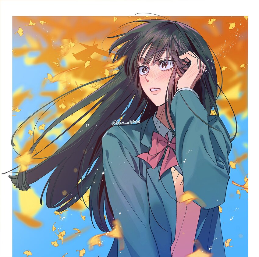 1girl ban_(bango) black_hair blue_jacket blush border bow bowtie collared_shirt falling_leaves hand_in_own_hair highres jacket kimi_ni_todoke kuronuma_sawako leaf long_hair parted_lips red_bow red_bowtie school_uniform shirt solo sweater_vest twitter_username upper_body white_border white_shirt wide-eyed wind