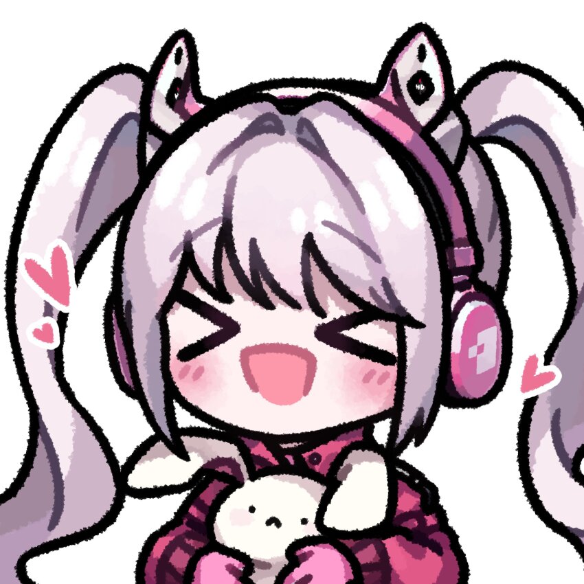&gt;_&lt; 1girl :d alice_(nikke) animal animal_ear_headphones animal_ears blush bodysuit fake_animal_ears gloves goddess_of_victory:_nikke hair_intakes headphones headset heart highres holding holding_animal jacket latex latex_bodysuit leamun open_mouth pink_bodysuit pink_gloves pink_hair rabbit rabbit_girl rabbit_tail smile solo tail twintails upper_body