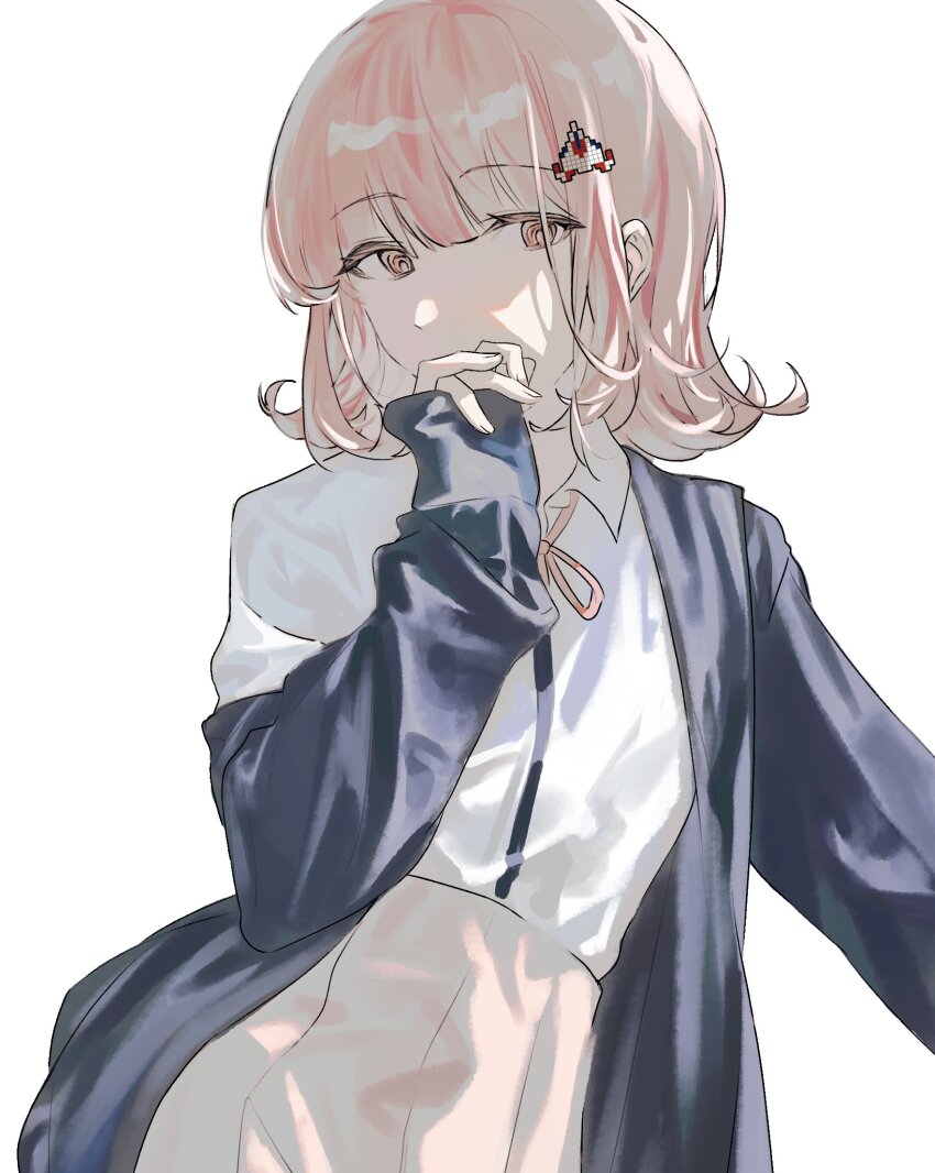 1girl black_jacket brown_eyes brown_hair brown_skirt collared_shirt danganronpa_(series) danganronpa_2:_goodbye_despair dress_shirt flipped_hair galaga hand_up highres jacket nanami_chiaki neck_ribbon off_shoulder pink_ribbon pleated_skirt ribbon shirt simple_background skirt solo spaceship_hair_ornament two-tone_shirt usu_ko white_background white_shirt