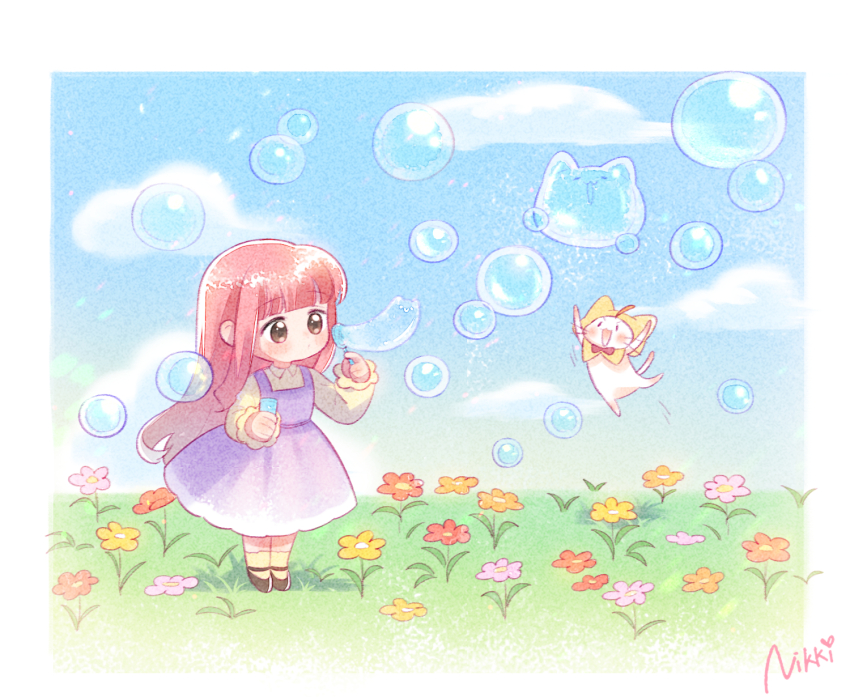 1girl :o animal ankle_socks artist_request black_eyes blowing_bubbles blue_sky blunt_bangs border bottle bow bowtie brown_eyes brown_footwear bubble_wand cat chibi cloak clothed_animal cloud collared_shirt copyright_name dress flower frilled_sleeves frills highres holding holding_bottle holding_wand hood hood_up hooded_cloak jumping light_blush light_particles long_hair long_sleeves mary_janes medium_dress momo_(nikki) motion_lines nikki_(nikki) nikki_(series) official_art orange_flower parted_lips pinafore_dress pink_flower pink_hair purple_dress red_bow red_bowtie red_flower second-party_source shining_nikki shirt shoes sidelocks sky sleeveless sleeveless_dress sleeves_past_wrists socks solid_oval_eyes standing traditional_bowtie very_long_hair wand whiskers white_border white_cat yellow_cloak yellow_flower yellow_shirt yellow_socks