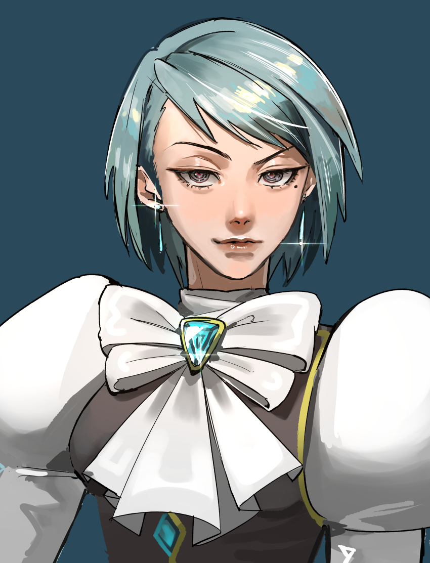 1girl absurdres ace_attorney ascot blue_eyes blue_hair earrings franziska_von_karma highres jewelry juliet_sleeves long_sleeves looking_at_viewer mole mole_under_eye phoenix_wright:_ace_attorney_-_justice_for_all puffy_sleeves shirt short_hair smile solo vest yoru_tsuki12