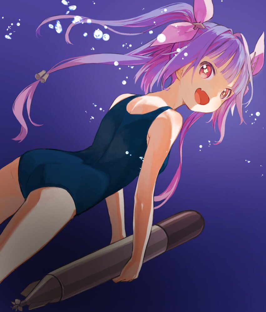 1girl :d ahoge ass back blue_one-piece_swimsuit blunt_bangs bow breasts bubble commentary cowboy_shot fang hair_bow hair_ornament highres holding holding_torpedo i-19_(kancolle) kantai_collection karamomo long_hair medium_breasts multicolored_hair one-piece_swimsuit open_mouth ponytail purple_background purple_bow purple_hair red_eyes school_swimsuit sidelocks skin_fang smile solo sparkling_eyes streaked_hair swimsuit torpedo two_side_up underwater very_long_hair