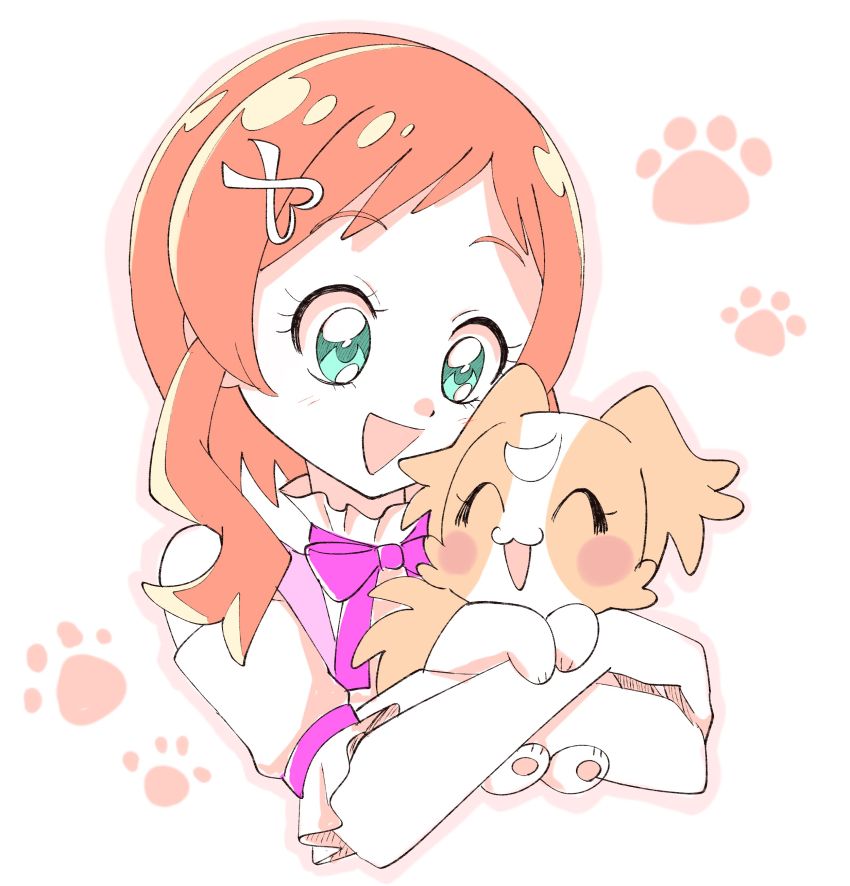 1girl :3 :d ^_^ absurdres animal aqua_eyes blush_stickers brown_fur closed_eyes clothing_cutout commentary cropped_torso dog facing_another frilled_sleeves frills hair_ornament hairclip happy heart heart_hair_ornament highres hinoki_(91011) holding holding_animal holding_dog hug inukai_iroha inukai_komugi inukai_komugi_(dog) looking_at_another multicolored_fur neck_ribbon open_mouth orange_hair papillon_(dog) paw_print paw_print_background pet precure purple_ribbon ribbon shirt short_hair_with_long_locks short_sleeves shoulder_cutout simple_background sketch smile two-tone_fur white_background white_fur white_shirt wonderful_precure!