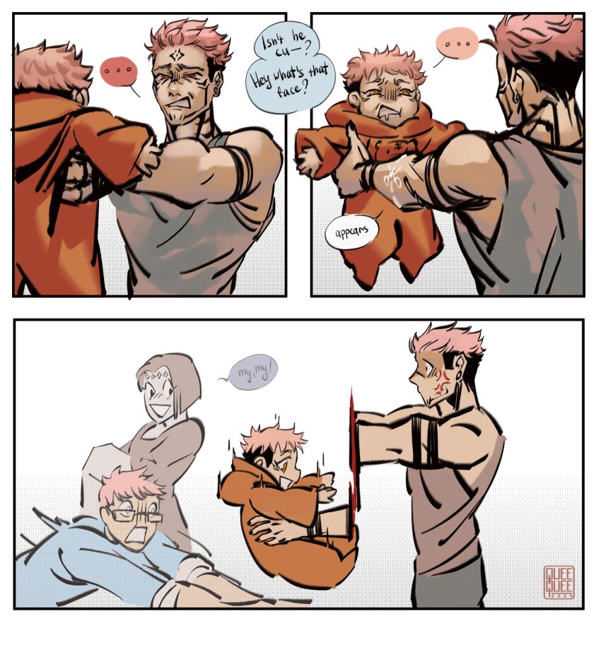 1girl 3boys anger_vein arm_tattoo baby black_hair blue_shirt carrying_baby carrying_person cut-here_line dismemberment english_text facial_tattoo glasses grey_tank_top hands_up highres itadori_jin itadori_kaori itadori_yuuji jujutsu_kaisen kenjaku long_sleeves multiple_boys orange_pajamas pajamas pink_hair profile queequee_art red_eyes ryoumen_sukuna_(jujutsu_kaisen) shirt short_hair simple_background speech_bubble tank_top tattoo undercut white_background