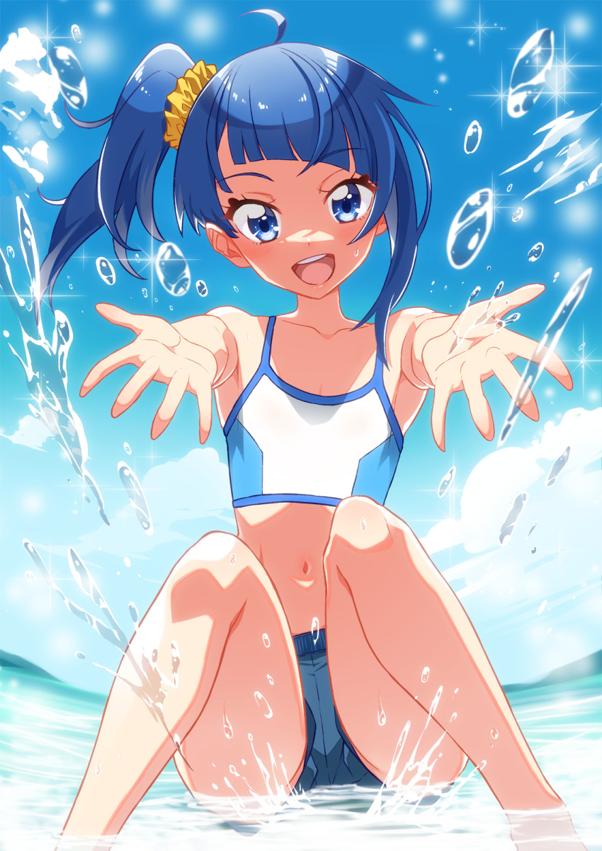 1girl ahoge bikini blue_bikini blue_eyes blue_hair blue_sky cloud collarbone cut_bangs day flat_chest highres hirogaru_sky!_precure long_hair looking_at_viewer navel open_mouth outdoors precure side_ponytail sitting sky smile solo sora_harewataru sports_bikini stomach swimsuit water yuto_(dialique)