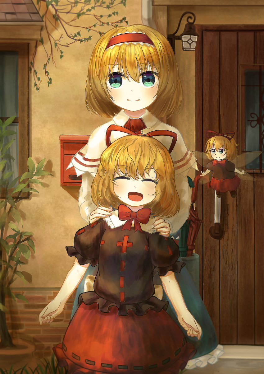 2girls absurdres alice_margatroid aqua_eyes behind_another black_shirt blonde_hair blue_dress blush bow bowtie capelet commentary cowboy_shot day dress ekaapetto english_commentary closed_eyes facing_viewer hair_ribbon hairband hands_on_another&#039;s_shoulders highres ivy leaning_to_the_side light_smile lolita_hairband looking_at_viewer mailbox_(incoming_mail) medicine_melancholy multiple_girls open_mouth outdoors petticoat puffy_short_sleeves puffy_sleeves red_neckwear red_skirt ribbon sconce shirt short_hair short_sleeves skirt stucco su-san touhou white_capelet white_sleeves window wings wooden_door