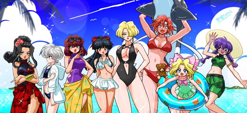 6+girls armlet artist_name beach bikini black_bikini black_hair black_one-piece_swimsuit blonde_hair bow braid breasts center_opening cleavage clothing_cutout cloud cloudy_sky crop_top crossed_arms cumulonimbus_cloud dark-skinned_female dark_skin day earrings eyewear_on_head flower glasses green_one-piece_swimsuit green_shorts green_tank_top hair_bow hair_flower hair_ornament hair_over_one_eye halterneck hand_on_own_hip hat headband hibiscus high_ponytail highres holding holding_swim_ring hood hoodie hoop_earrings inflatable_shark inflatable_toy innertube iris_chateaubriand jewelry kanzaki_sumire kirishima_kanna long_hair looking_at_viewer looking_to_the_side maria_tachibana multi-strapped_bikini_bottom multiple_girls navel ocean one-piece_swimsuit one_eye_closed open_mouth outdoors palm_tree pink_bow ponytail purple_hair purple_one-piece_swimsuit red_bikini red_bow red_hair red_sarong reni_milchstrasse ri_kouran round_eyewear sakura_taisen sarong shinguuji_sakura short_hair shorts side_cutout sidelocks signature sky smile soletta_orihime standing stuffed_animal stuffed_toy sun_hat sunglasses swim_ring swimsuit swimsuit_under_clothes tank_top teddy_bear tree twin_braids wanta_(futoshi) white_bikini white_hair white_headband white_hoodie yellow_sarong