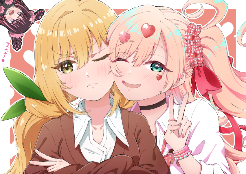 3girls ;( ;d absurdres black_choker blonde_hair blue_eyes blush brown_jacket cheek-to-cheek chibi chibi_inset choker commentary facial_mark frown green_ribbon gyaru hair_between_eyes hair_ornament hair_ribbon hair_scrunchie heads_together heart heart-shaped_pupils heart_facial_mark highres inda_karane jacket kedarui_aashii kimi_no_koto_ga_dai_dai_dai_dai_daisuki_na_100-nin_no_kanojo long_hair looking_at_viewer mole mole_under_eye multiple_girls nanraka one_eye_closed open_mouth outline pink_hair red_background ribbon scrunchie shirt side_ponytail simple_background smile symbol-shaped_pupils upper_body usami_shiina v white_outline white_shirt wing_collar yellow_eyes