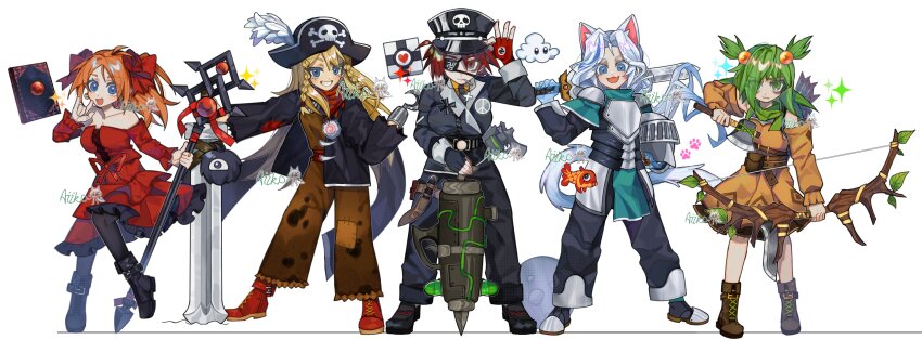 5girls \m/ absurdres animal_ears anna_(epic_battle_fantasy) aperture_science_weighted_companion_cube armor axe bare_shoulders black_footwear black_headwear black_jacket black_necktie black_pants black_pantyhose blonde_hair blue_eyes boots bow_(weapon) braid breasts brown_footwear brown_pants cameo cat_ears cat_tail coin coin_on_string collared_shirt detached_sleeves dress epic_battle_fantasy eyepatch fang fingerless_gloves food formal_clothes full_body genderswap genderswap_(mtf) gloves green_hair gun hair_over_one_eye hat hatchet_(axe) helmet highres holding holding_axe holding_bow_(weapon) holding_helmet holding_staff holding_sword holding_weapon hook_hand jacket juicy_beast kamaboko koi lance_(epic_battle_fantasy) large_breasts long_hair long_sleeves matt_(epic_battle_fantasy) medium_dress military_hat military_uniform multiple_girls narutomaki natalie_(epic_battle_fantasy) necktie nolegs_(epic_battle_fantasy) orange_hair pant_suit pants pantyhose parted_bangs patch personification pirate_hat planted planted_sword planted_weapon portal_(series) red_dress red_footwear red_gloves red_hair shirt simple_background small_breasts staff standing strapless strapless_dress suit swastika sword tail unworn_headwear unworn_helmet watermark weapon white_background white_hair yellow_shirt