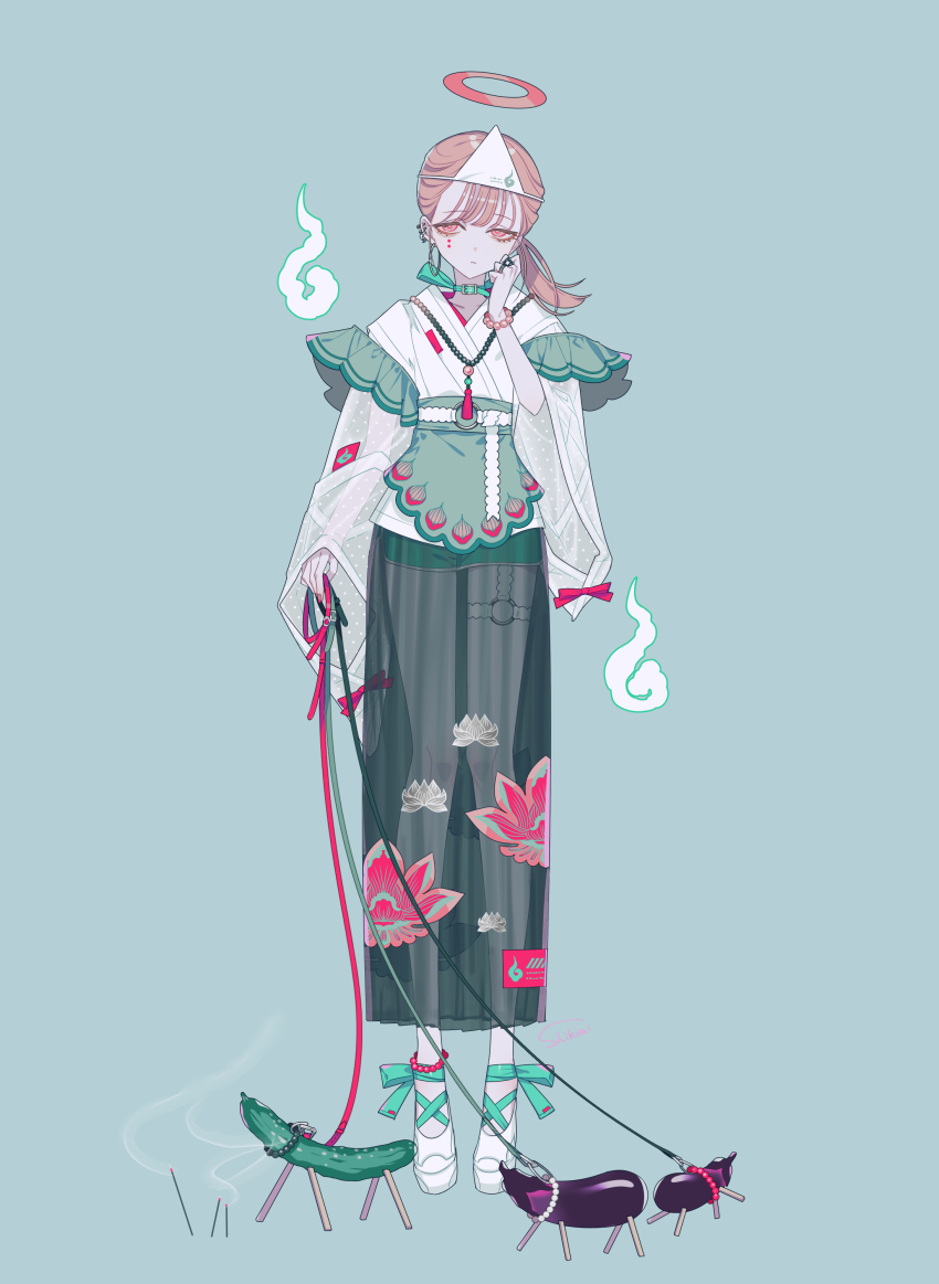 1girl absurdres apron collar expressionless flower ghost halo highres japanese_clothes jewelry kimono maid_apron mole necklace original pendant print_kimono shikimi_(yurakuru) solo taishou translucent_dress waitress water_lily_flower