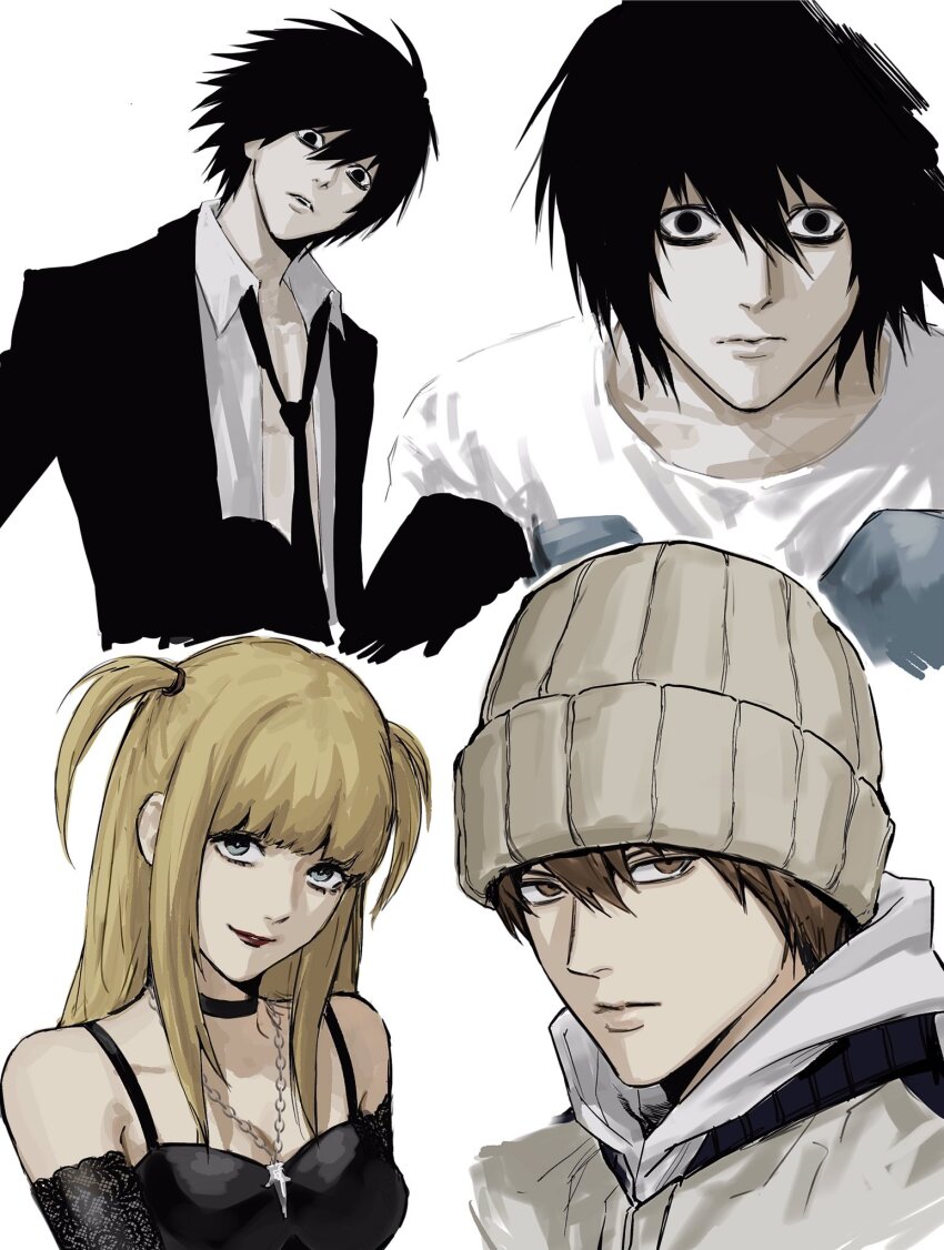 1girl 2boys alternate_costume amane_misa bare_shoulders beanie black_choker black_eyes black_hair black_necktie blonde_hair blue_eyes brown_eyes brown_hair choker death_note formal_clothes goth_fashion hat highres jewelry l_(death_note) long_hair looking_at_viewer multiple_boys necklace necktie official_alternate_costume pale_skin sanpaku smile sso_s suit two_side_up yagami_light
