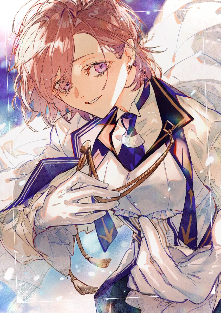 1girl absurdres alternate_costume earrings fate/grand_order fate_(series) formal_clothes gloves highres jacket jewelry lapels long_sleeves looking_at_viewer mash_kyrielight medium_hair nasubi_illust necktie outstretched_hand parted_hair pink_hair purple_eyes purple_necktie sketch smile solo stole suit tassel unfinished white_gloves white_jacket