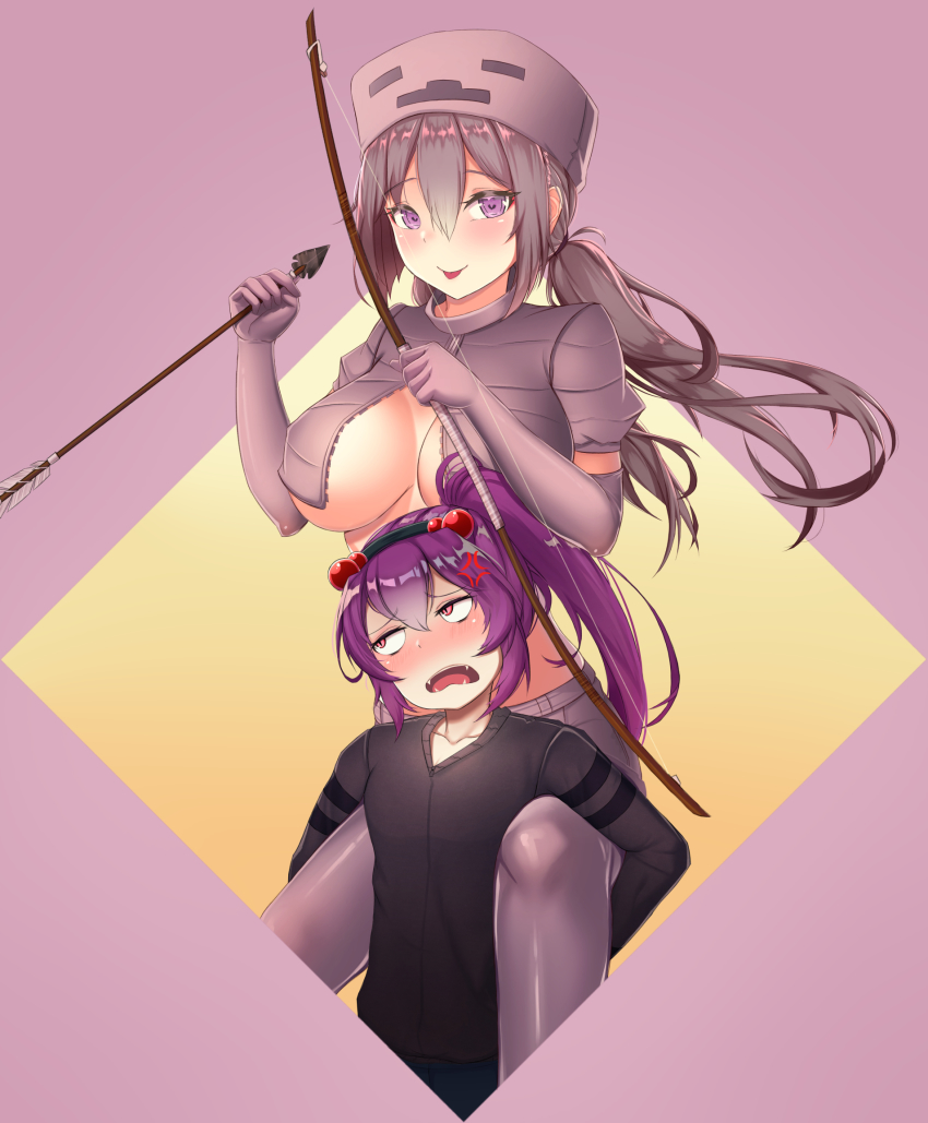 2girls anger_vein annoyed arrow_(projectile) blush borrowed_character bow_(weapon) breasts carrying cleavage closed_mouth collarbone destinyplayer1 elbow_gloves gloves grey_gloves grey_hair grey_legwear hair_bobbles hair_ornament highres holding holding_arrow holding_bow_(weapon) holding_weapon large_breasts long_hair long_sleeves looking_at_viewer looking_away minecraft mob_talker multiple_girls personification piggyback pink_eyes ponytail purple_hair red_eyes short_sleeves skeleton_(minecraft) smile spider_(minecraft) spider_jockey_(minecraft) thighhighs tongue tongue_out weapon