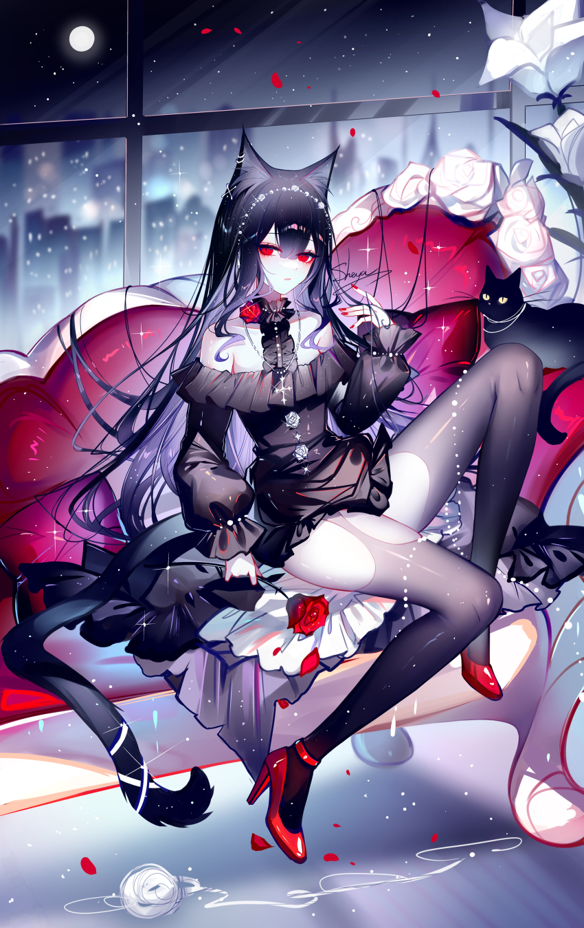 1girl absurdres animal_ears bare_shoulders black_cat black_dress black_hair cat cat_ears cat_tail dress frills high_heels highres long_hair long_sleeves looking_at_viewer off-shoulder_dress off_shoulder original red_eyes red_shoes sheya shoes sitting solo tail thighhighs very_long_hair