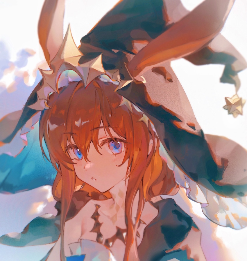 1girl ambience_synesthesia amiya_(arknights) amiya_(medic)_(arknights) amiya_(medic)_(solo_around_the_world)_(arknights) animal_ears arknights bloom blue_eyes brown_hat commentary ears_through_headwear frilled_hat frills hair_between_eyes hat highres looking_at_viewer official_alternate_costume parted_lips portrait shaokao_lajitong solo white_background witch_hat