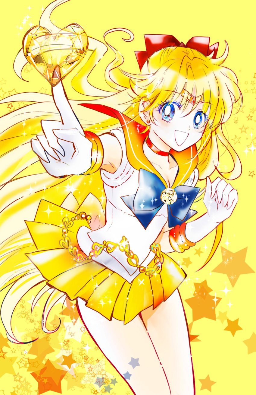 1girl aino_minako bishoujo_senshi_sailor_moon blonde_hair blue_bow blue_bowtie blue_eyes bow bowtie breasts choker circle_hair_ornament cleavage collarbone earrings floating_hair gloves grin hair_between_eyes hair_bow highres index_finger_raised jewelry long_hair looking_at_viewer miniskirt orange_sailor_collar outstretched_arm pleated_skirt red_bow red_choker sailor_collar sailor_collar_lift sailor_senshi_uniform sailor_shirt sailor_venus shirt skirt small_breasts smile solo standing usadapan1005 very_long_hair white_gloves white_shirt yellow_background yellow_skirt