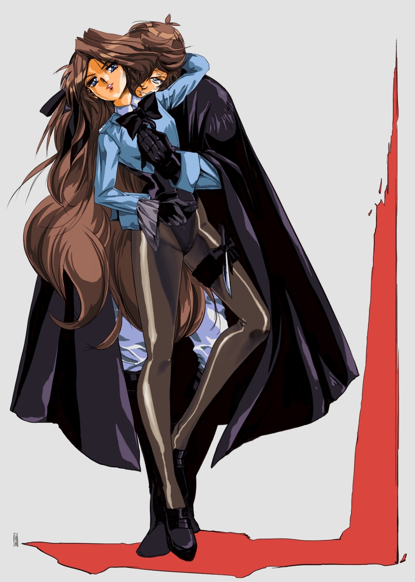 1980s_(style) 1boy 1girl absurdres aqua_eyes aqua_vest ascot bow bowtie brother_and_sister brown_hair cape dark_persona dipper_gleeful dipper_pines facial_mark forehead_mark formal_clothes gravity_falls hairband highres hinomars19 hug husband_and_wife knife leotard long_hair mabel_gleeful mabel_pines oldschool pantyhose retro_artstyle short_hair siblings swept_bangs twins