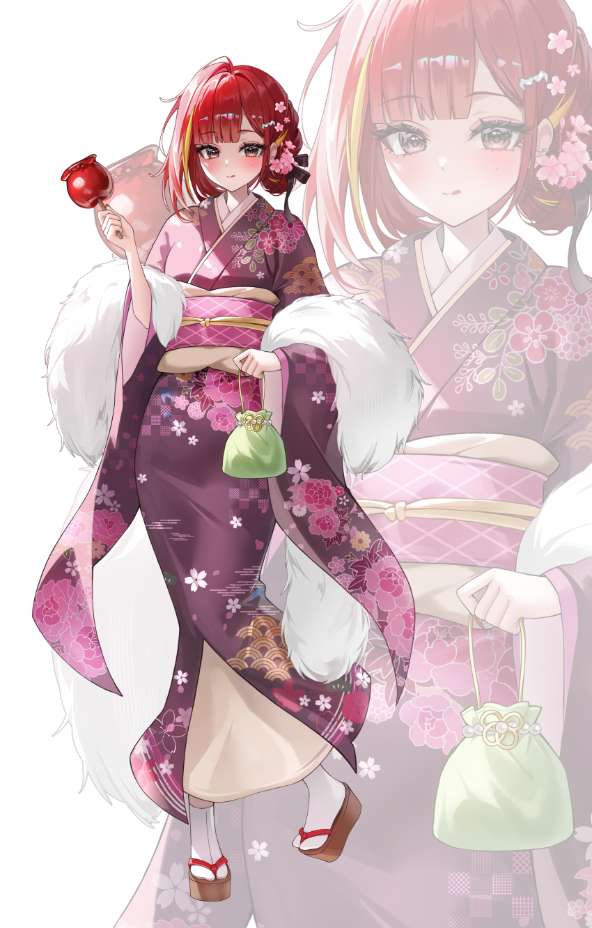 1girl absurdres akane_lize blonde_hair closed_mouth full_body grey_eyes highres holding japanese_clothes kimono long_sleeves mella_(mell_a12) mole mole_under_eye okobo platform_sandals purple_kimono red_hair sandals simple_background smile socks standing stellive tabi tongue tongue_out virtual_youtuber white_background white_socks wide_sleeves zoom_layer