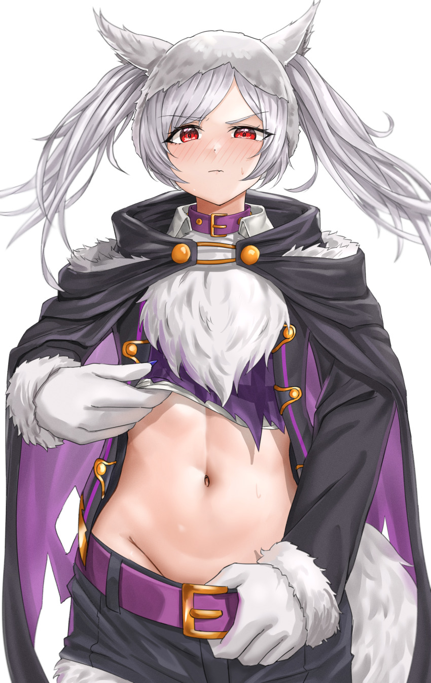 1girl absurdres animal_collar animal_ears animal_hands belt blush collar commission female_robin_(fire_emblem) female_robin_(grima)_(fire_emblem) female_robin_(grima)_(halloween)_(fire_emblem) fire_emblem fire_emblem_awakening fire_emblem_heroes fur_trim gloves grima_(fire_emblem) halloween_costume highres holding holding_belt lifting_own_clothes navel nintendo official_alternate_costume paw_gloves pulling_own_clothes putcho red_eyes skeb_commission solo twintails white_hair