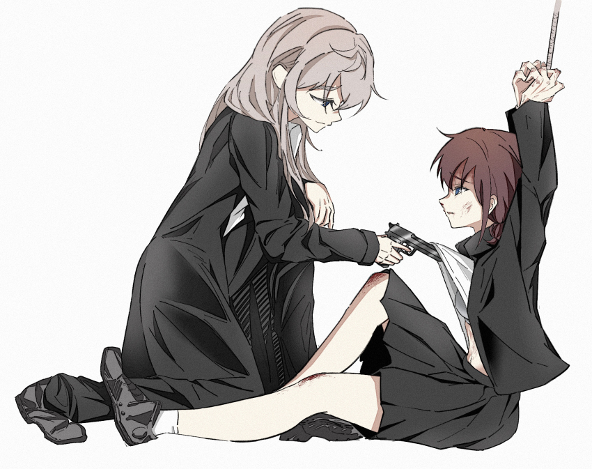 2girls blue_eyes bound bound_wrists bruise bruise_on_face bruise_on_knee clothes_lift formal_clothes girls_band_cry grey_hair gun handgun highres igarashi_wu injury iseri_nina jacket kawaragi_momoka long_hair looking_at_another medium_hair multiple_girls on_one_knee red_hair shirt_lift shoes simple_background sitting skirt smile suit weapon white_background yuri