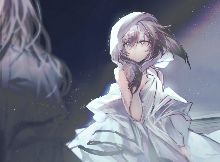2girls animal_ears arknights bare_shoulders brown_hair colored_tips dark_background dress fumi_(rdbm) grey_eyes hierda_(arknights) highres hood hood_up hooded_dress multicolored_hair multiple_girls priestess_(arknights) rabbit_ears rabbit_girl solo_focus white_dress