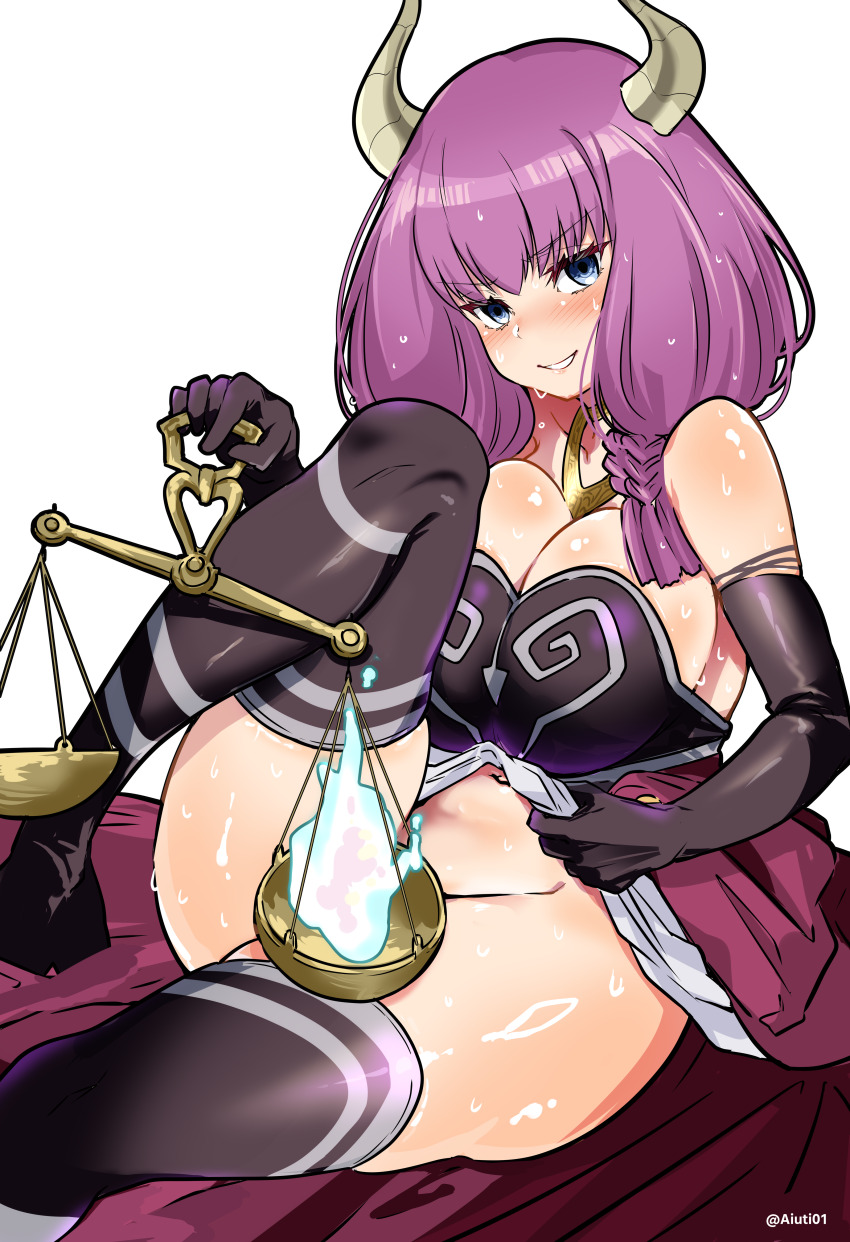 1girl absurdres aiuti alternate_breast_size aura_(sousou_no_frieren) balance_scale black_thighhighs blue_eyes blush braid breasts clothes_lift clothing_cutout convenient_censoring demon_girl demon_horns dress dress_lift elbow_gloves gloves gold_necklace groin highres hitodama holding_scale horns jewelry large_breasts long_hair looking_at_viewer low-braided_long_hair low-tied_long_hair multiple_braids navel navel_cutout necklace no_panties purple_eyes purple_hair quad_braids simple_background skirt skirt_lift smile solo sousou_no_frieren stomach sweat thick_thighs thighhighs thighs twin_braids weighing_scale white_background white_skirt