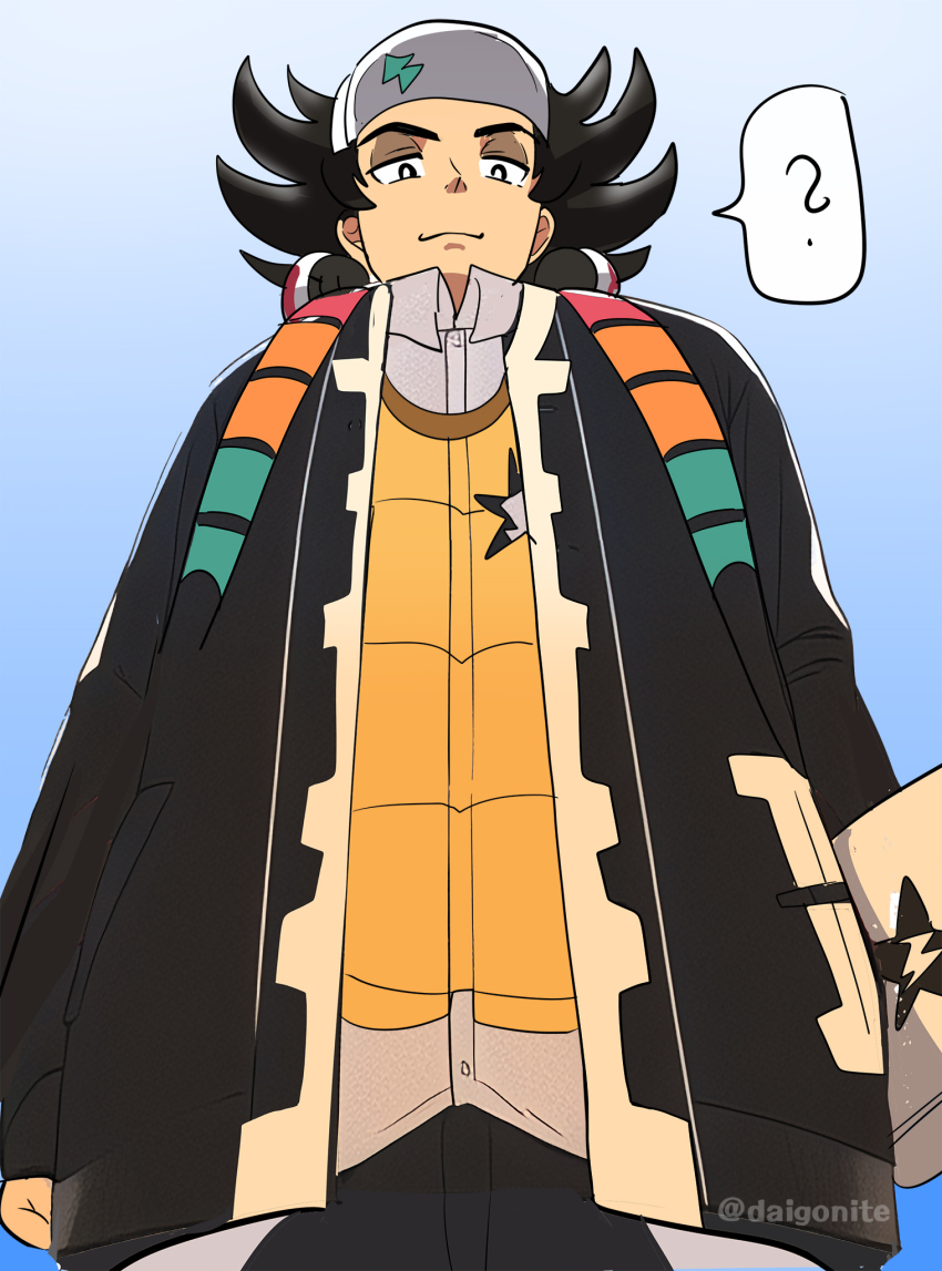 1boy ? baseball_cap black_eyes black_hair black_jacket black_pants blue_background bright_pupils buttons closed_mouth collared_shirt commentary eyeshadow from_below giacomo_(pokemon) goro_orb hat highres jacket looking_down makeup male_focus nintendo open_clothes open_jacket pants pointy_hair pokemon pokemon_sv shirt smile solo spoken_question_mark team_star twitter_username vest watermark white_pupils yellow_vest