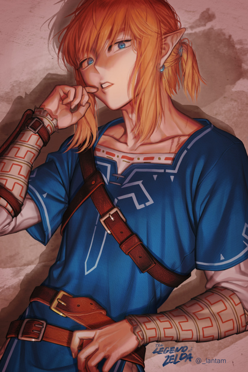 1boy artist_name belt blonde_hair collarbone copyright_name earrings hand_up highres jewelry lantam link long_hair male_focus nintendo parted_lips pointy_ears sidelocks solo standing the_legend_of_zelda the_legend_of_zelda:_breath_of_the_wild tunic upper_body