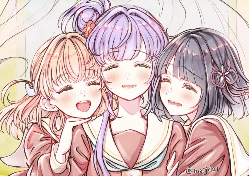 3girls :d ^_^ aqua_neckerchief arm_hug black_hair blunt_bangs blunt_ends blush bob_cut brown_dress cerise_bouquet closed_eyes commentary_request crossed_bangs dress facing_viewer flower flower_knot hair_bun hair_flower hair_ornament hand_on_another&#039;s_shoulder hasu_no_sora_school_uniform head_on_another&#039;s_shoulder highres hinoshita_kaho link!_like!_love_live! long_hair long_sleeves love_live! lower_teeth_only medium_hair meiji_(mosamoo3) momose_ginko multiple_girls neckerchief open_mouth orange_hair otomune_kozue purple_hair rabbit_hair_ornament red_flower sailor_collar sailor_dress school_uniform short_hair side_ponytail sidelocks single_side_bun smile teeth twitter_username two_side_up upper_teeth_only virtual_youtuber white_sailor_collar winter_uniform