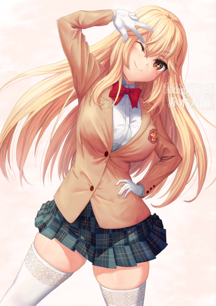 1girl ;) akagi_iruka blazer blonde_hair bow bowtie breasts brown_eyes brown_jacket closed_mouth collared_shirt commentary gloves grey_skirt hand_on_own_hip highres jacket large_breasts long_hair long_sleeves looking_at_viewer miniskirt multicolored_eyes one_eye_closed plaid_clothes plaid_skirt red_bow red_bowtie school_emblem school_uniform shirt shokuhou_misaki simple_background skindentation skirt smile solo sparkling_eyes spider_web_print thighhighs toaru_kagaku_no_mental_out toaru_kagaku_no_railgun toaru_majutsu_no_index tokiwadai_school_uniform two-tone_eyes w w_over_eye white_gloves white_shirt white_thighhighs winter_uniform yellow_eyes zettai_ryouiki
