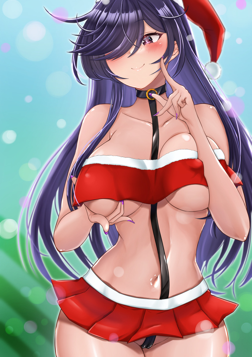 1girl :3 absurdres azur_lane black_choker blush breast_hold breast_press breasts choker christmas closed_mouth collar collarbone dress eesuke_(shin1athke) hat highres large_breasts long_hair naughty_face navel pink_eyes purple_hair purple_nails santa_costume santa_dress santa_hat sleeveless solo solo_focus trento_(azur_lane) trento_(meta)_(azur_lane)