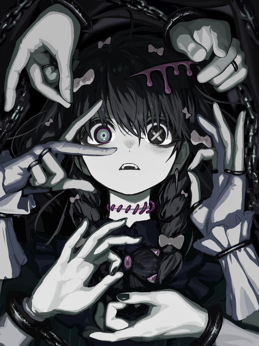 1girl absurdres ahoge alternate_costume bags_under_eyes black_hair bow bowtie braid chain collared_dress cuffs dress earrings extra_arms gloves green_dress hair_bow hatsune_miku highres jewelry long_hair looking_at_viewer mismatched_pupils mudra open_mouth pale_skin partially_fingerless_gloves shackles side_braids single_earring solo stitched_neck stitches straight-on teeth twin_braids upper_body upper_teeth_only vocaloid wawasuke white_gloves wrist_cuffs