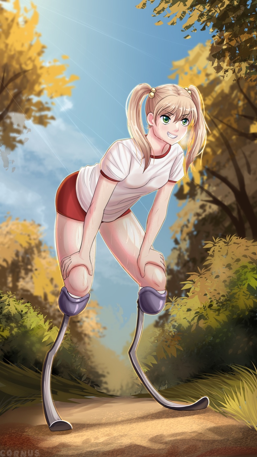 1girl amputee blonde_hair bloomers blue_sky breasts cloud commentary cornus_carnelia english_commentary grass green_eyes hands_on_own_knees highres ibarazaki_emi katawa_shoujo leaning_forward light_rays outdoors prosthesis running_blades shirt signature sky small_breasts smile solo sweat t-shirt tree twintails underwear white_shirt