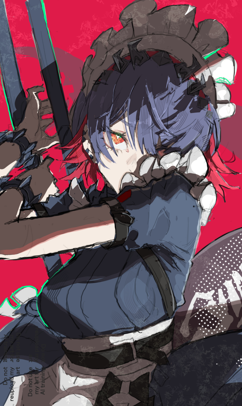 1girl apron black_dress black_hair colored_inner_hair dress ellen_joe fins fish_tail hair_over_one_eye highres holding holding_weapon looking_at_viewer maid maid_apron maid_headdress multicolored_hair red_eyes red_hair roncele shark_girl shark_tail short_hair solo streaked_hair tail weapon white_apron white_headdress zenless_zone_zero
