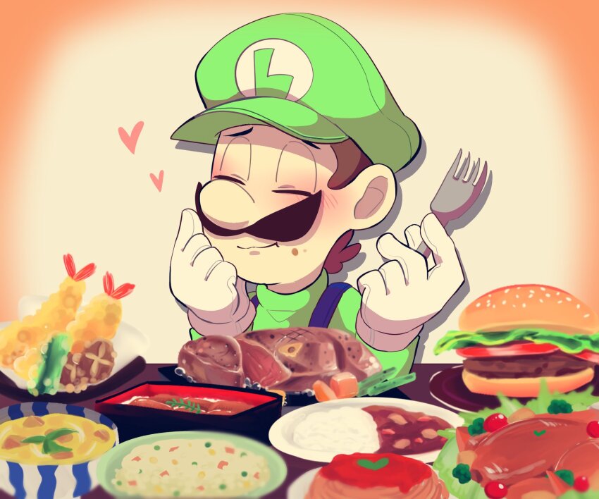 blush burger curry eating facial_hair food fork gloves hat heart highres hiyashimeso luigi mario_(series) mustache nintendo overalls pasta rice shirt soup spaghetti steak sushi table tempura turkey_(food)