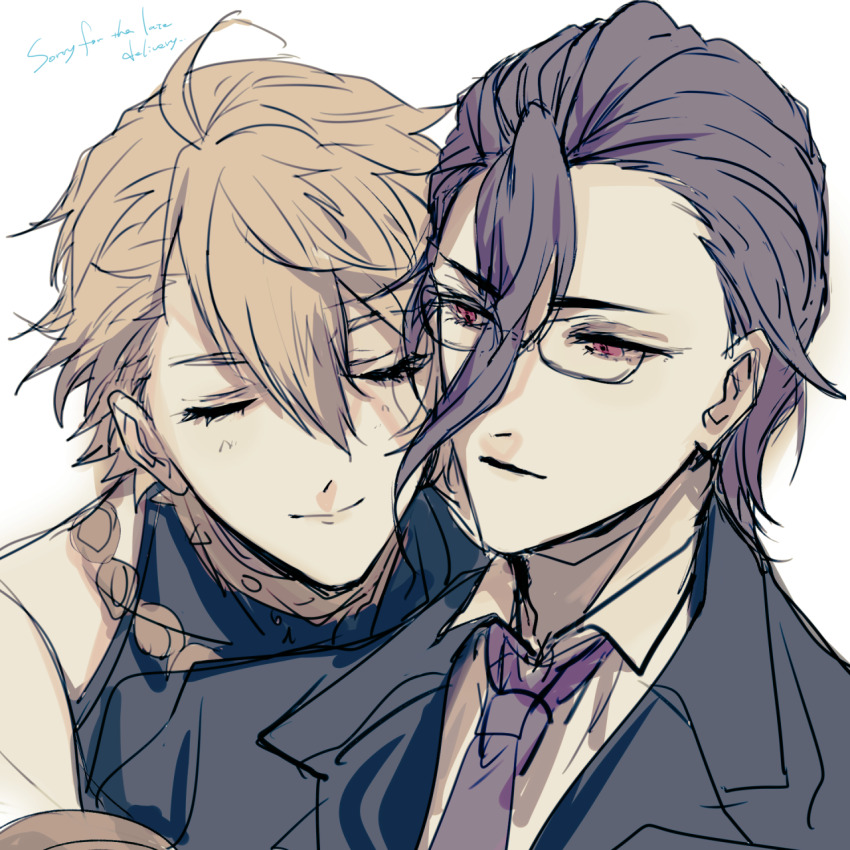 2boys ahoge aladdin_(sinoalice) beads blonde_hair blush closed_eyes collared_shirt commission coxxco12 english_text formal_clothes hair_between_eyes hameln_(sinoalice) highres hug implied_yaoi looking_at_another male_focus multiple_boys necktie purple_hair purple_necktie red_eyes second-party_source shirt sinoalice skeb_commission sketch smile suit white_background